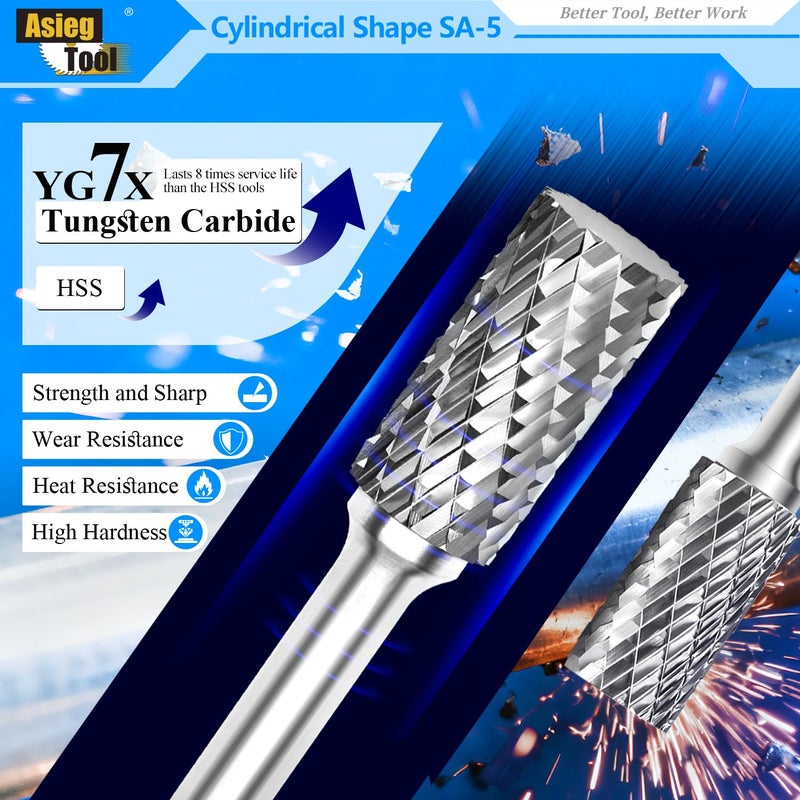 Asieg Tool SA-5 Tungsten Carbide Burr Rotary File Cylindrical Shape Double Cut for Die Grinder Drill Bits 1/4'' Inch Diameter of Shank and 1/2'' Inch Diameter of Cutter 1'' Inch Cutter Length - 5Pcs - Image 3