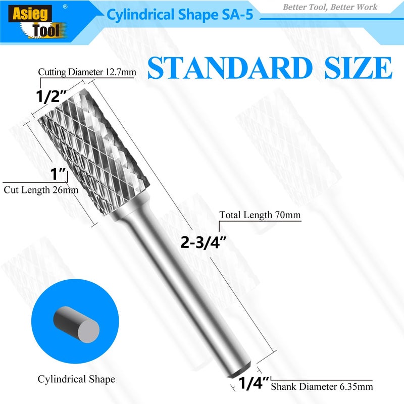 Asieg Tool SA-5 Tungsten Carbide Burr Rotary File Cylindrical Shape Double Cut for Die Grinder Drill Bits 1/4'' Inch Diameter of Shank and 1/2'' Inch Diameter of Cutter 1'' Inch Cutter Length - 5Pcs - Image 2
