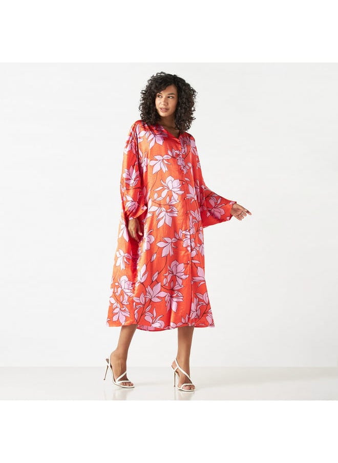 Iconic Iconic All-Over Floral Print Kaftan Dress with Long Sleeves  - Image 2