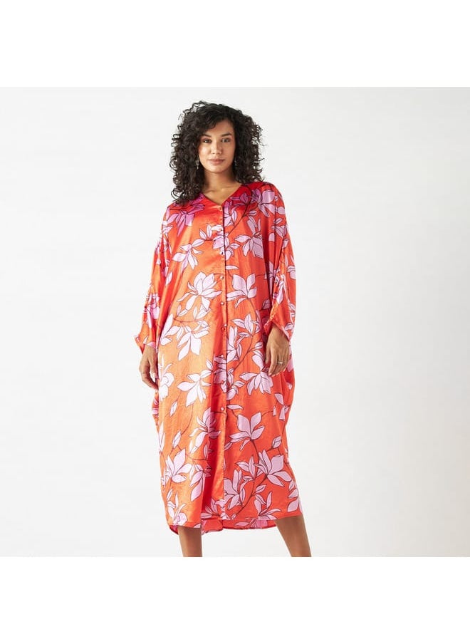 Iconic Iconic All-Over Floral Print Kaftan Dress with Long Sleeves  - Image 1