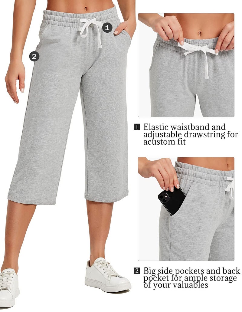 SPECIALMAGIC Women Capri Pants Cotton Yoga Wide Leg Pajama Pants Capris Sweatpants Sports Light Grey 3X-Large - Image 5