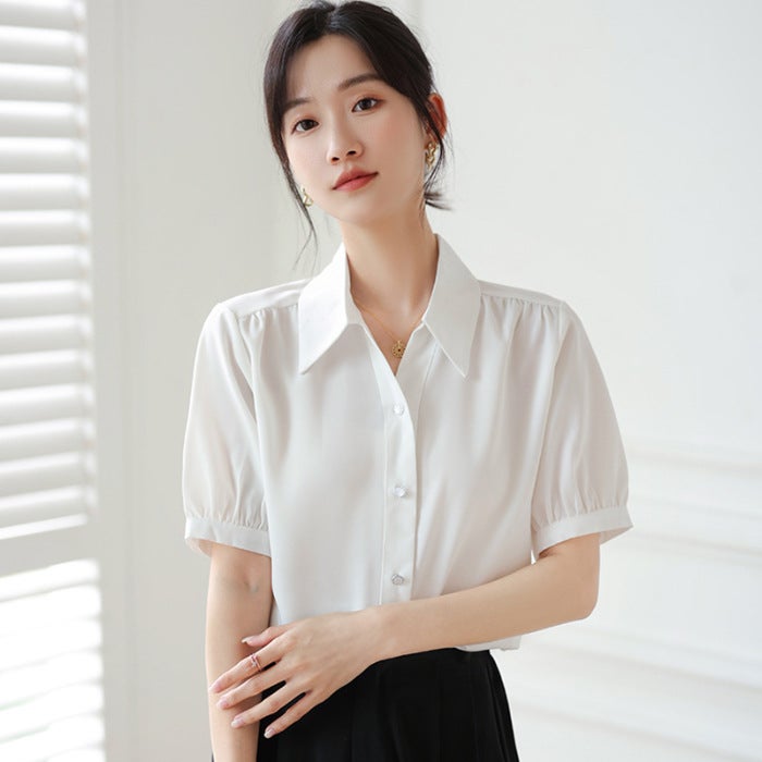 Official figure [original fabric three standard neat] spring and summer new white short sleeve shirt womens fashion commuter formal wear White