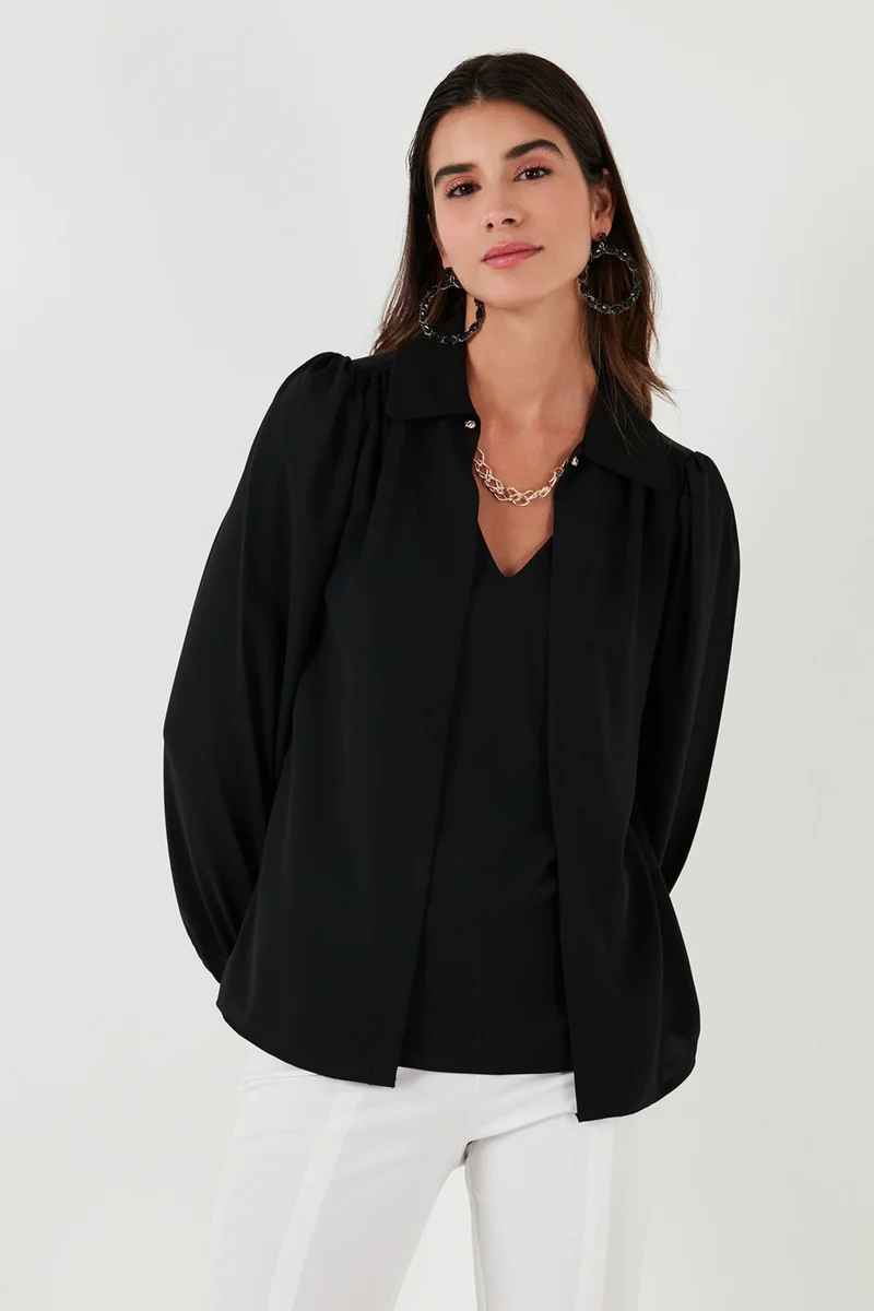 Lela Regular Fit V-Neck Balloon Sleeve Blouse Women's Blouse 611BZ0353