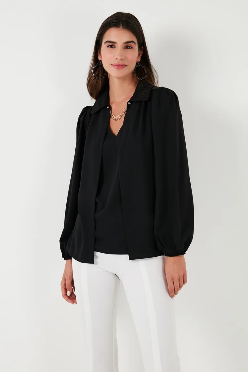 Lela Regular Fit V-Neck Balloon Sleeve Blouse Women's Blouse 611BZ0353