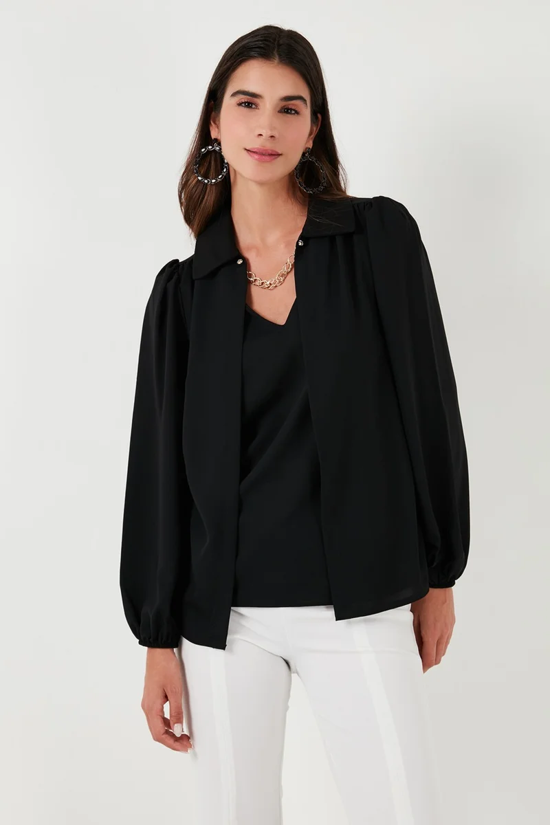 Lela Regular Fit V-Neck Balloon Sleeve Blouse Women's Blouse 611BZ0353