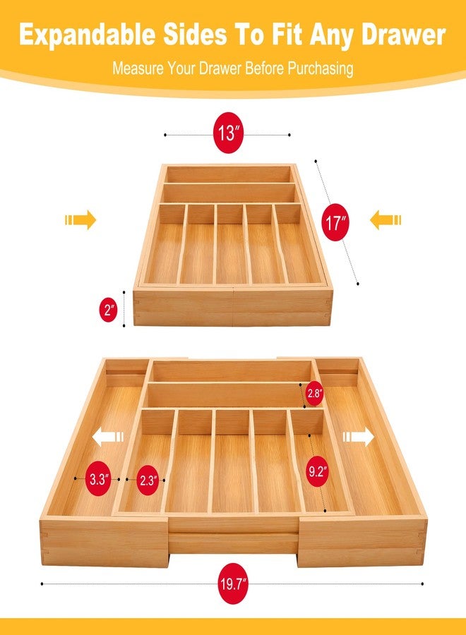oridom Large Premium Bamboo Silverware Organizer - Expandable Drawer Organizer & Utensil Organizer - 17"x19.7" Cutlery Tray with Dividers for Kitchen Utensils and Flatware (7-9 Slots) (Natural) - Image 2