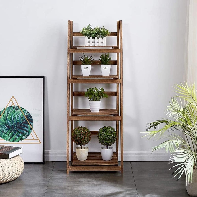 LINGWEI 3 And 4 Tier Wooden Ladder Shaped Foldable Flowers Stand Garden Balcony Standing Plant Rack Decorative Display Stand Holder Flower Shelf For Indoor/Outdoor Use. (Brown (4 floor)) - Image 3