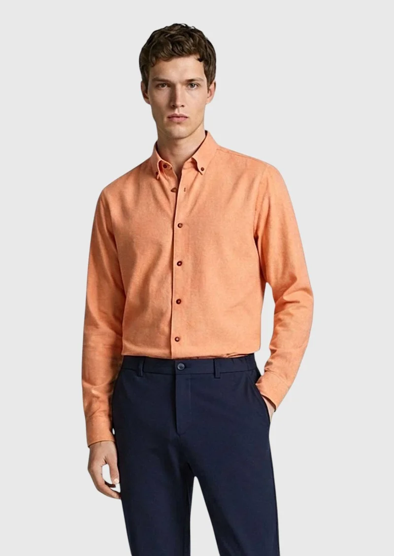 RAMSEY Salmon Plain Regular Fit Long Weaving Casual 100% Cotton Shirt