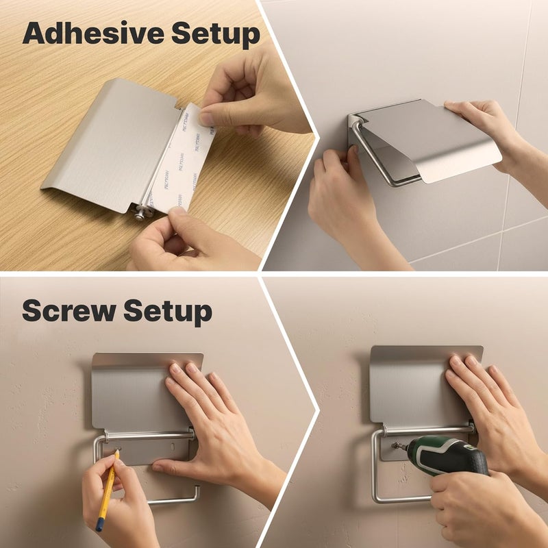 Minismus toilet roll holder with cover, keeps the roll dry and clean, holder including strong adhesive for mounting without drilling and wall screws for secure attachment (silver) - Image 5