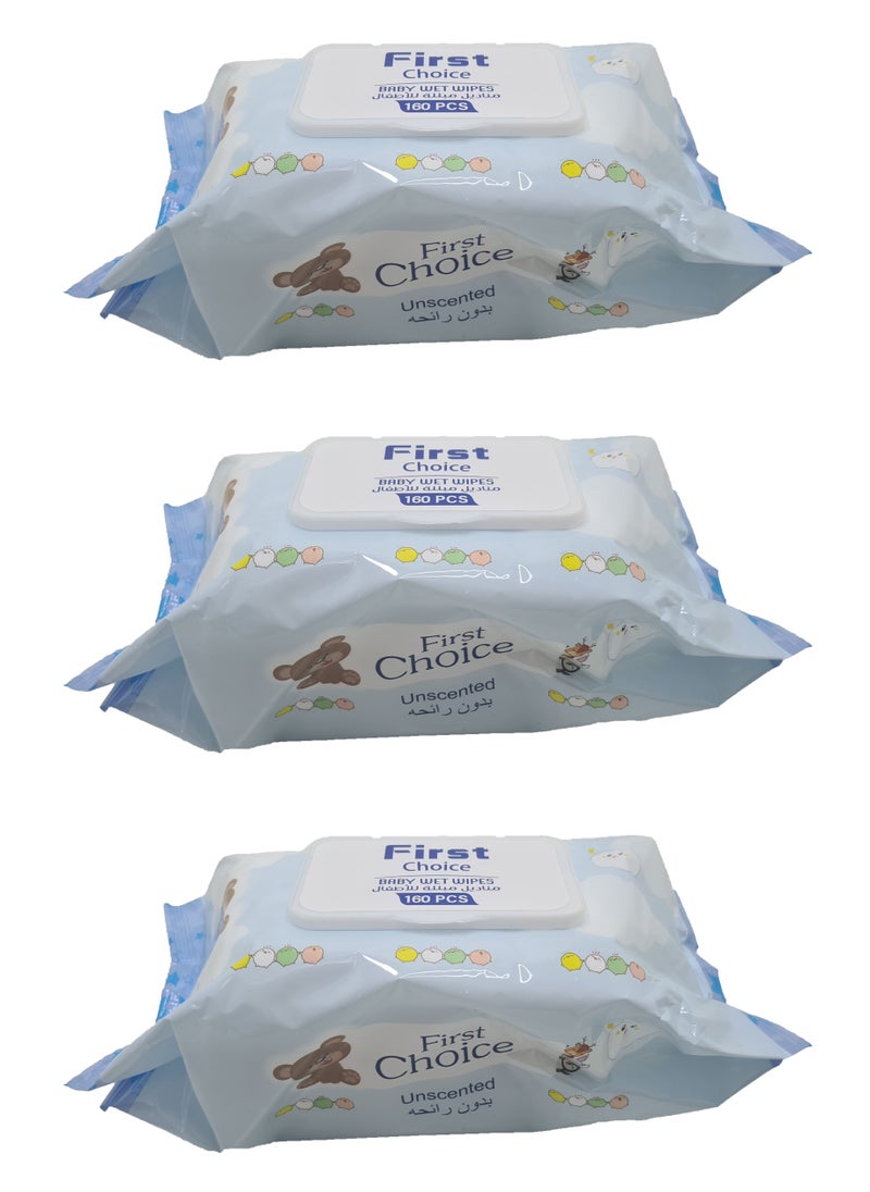 First Choice Baby Wet Wipes Unsented 3 Packs of 160 Wipes in Each 
