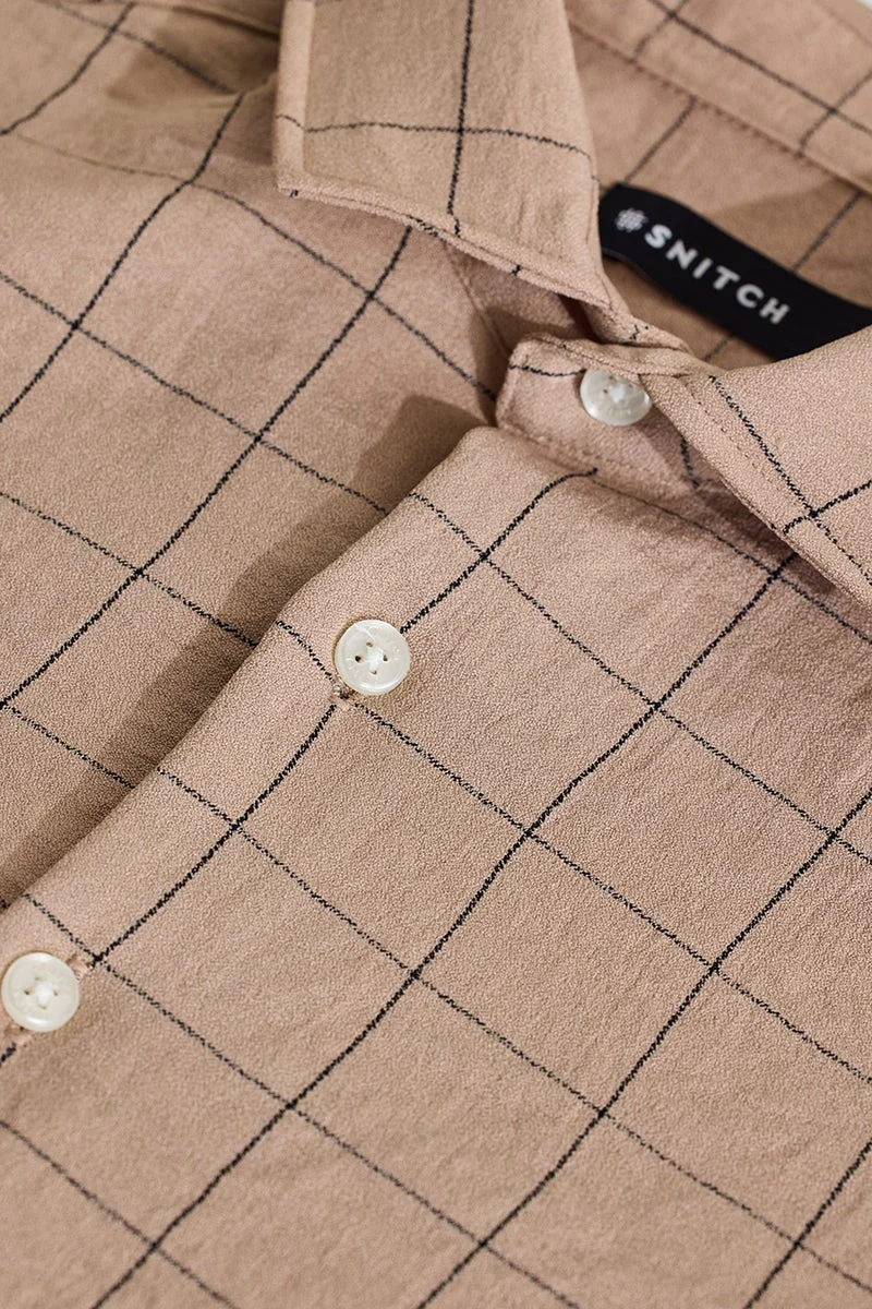 SNITCH Light Beige Checkered Long Sleeve Slim Fit Shirt