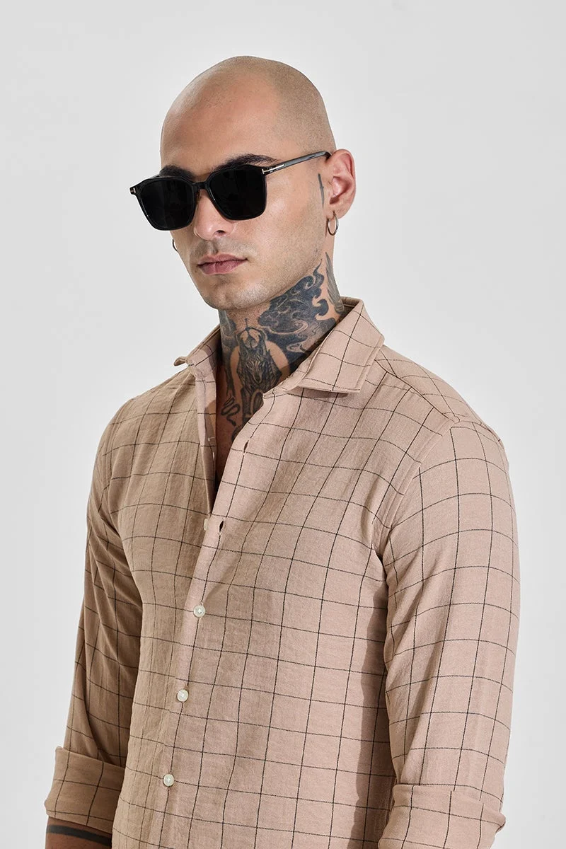 SNITCH Light Beige Checkered Long Sleeve Slim Fit Shirt