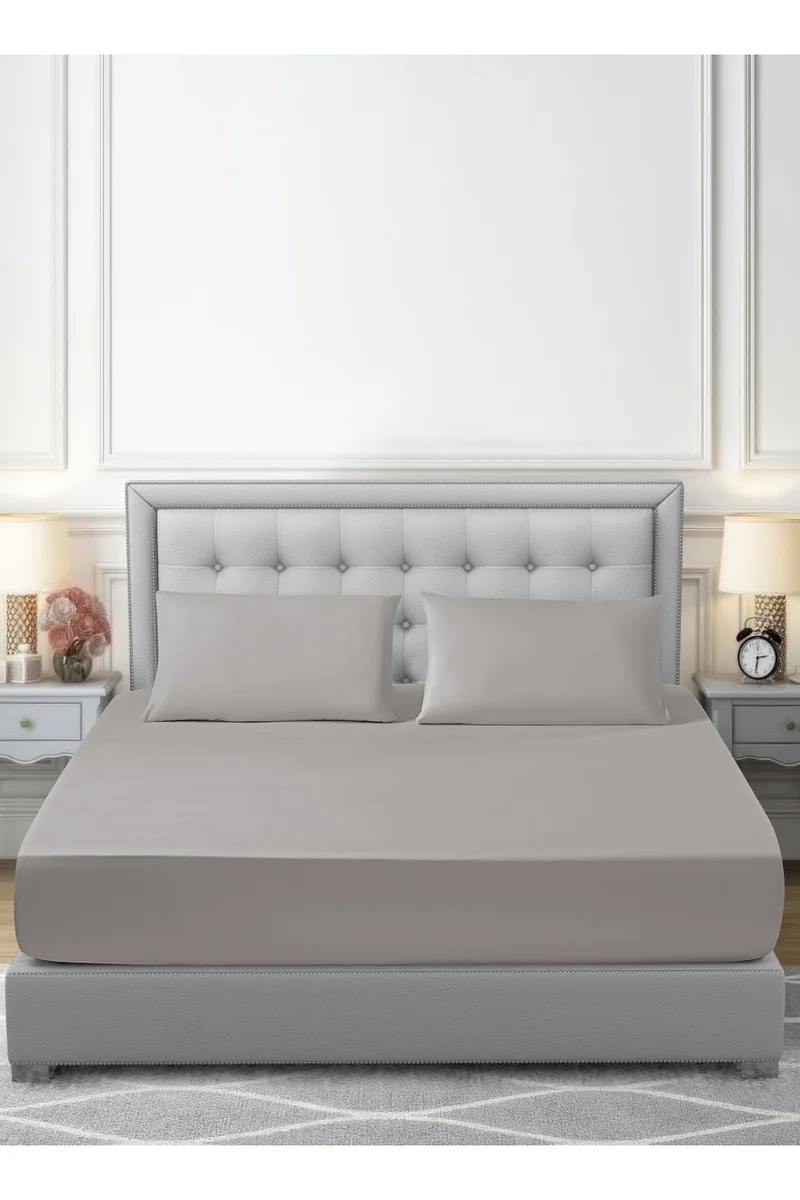 دوناتيلا Bedding Fitted Sheet - Fits 200x200 Cm For King Bed - 3 Pcs (1 Fitted Sheet and 2 Pillowcases) - 35 Cm Deep Pocket - Solid Bed Sheet