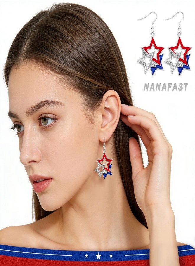 Nanafast Patriotic 4th of July Earrings for Women Red White Blue Patriotic Earrings American Flag Star Earring for Independence Day Gifts-Alloy Star - Image 2