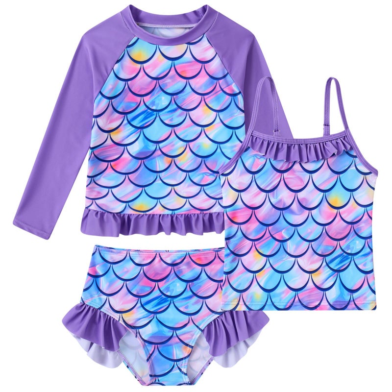BFUSTYLE Girls Bathing Suit 5-6 Years Mermaid Rash Guard Long Sleeve Bathing Suit Kids 3 Piece Swimwear Size 6 Sun Protection Tankini - Image 1