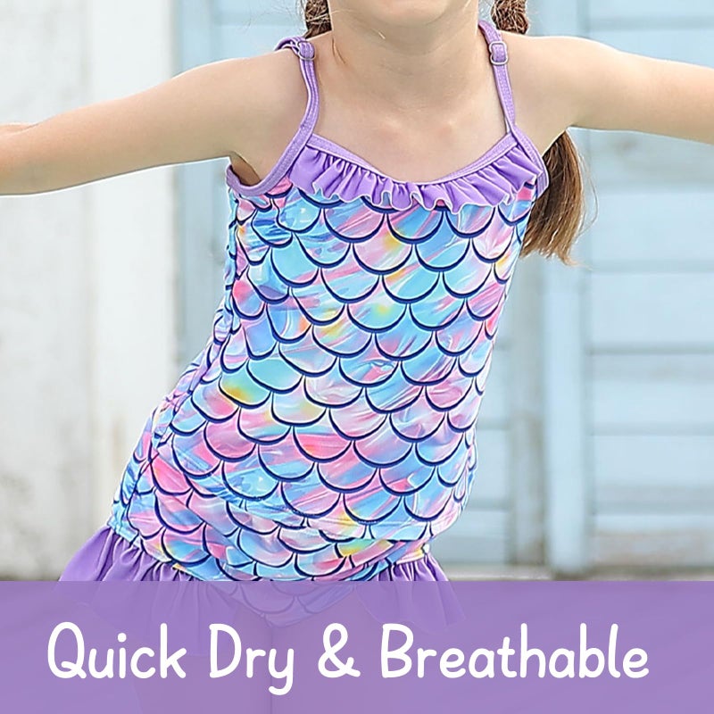 BFUSTYLE Girls Bathing Suit 5-6 Years Mermaid Rash Guard Long Sleeve Bathing Suit Kids 3 Piece Swimwear Size 6 Sun Protection Tankini - Image 3