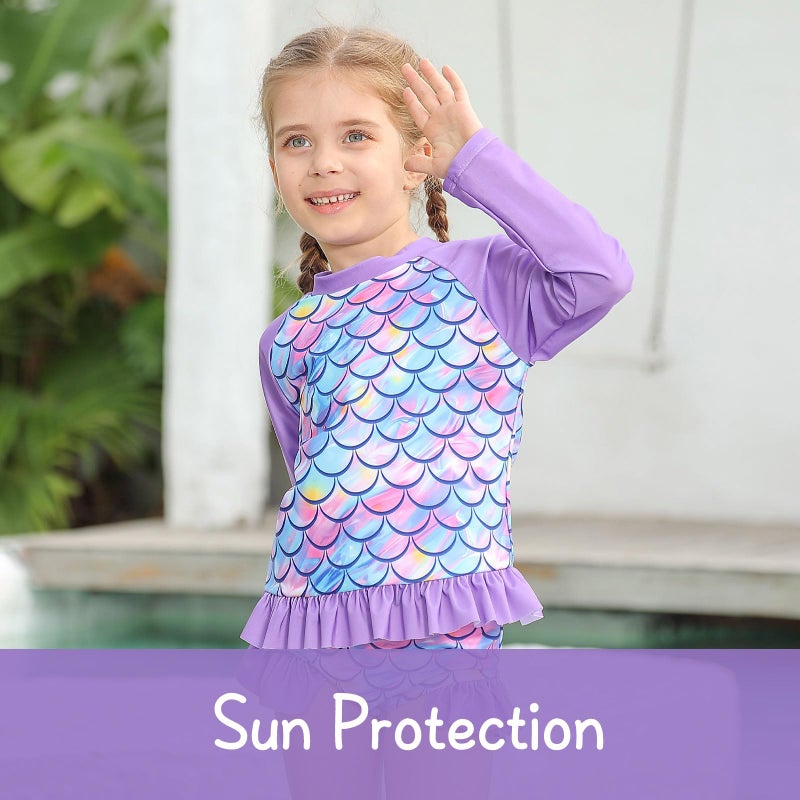 BFUSTYLE Girls Bathing Suit 5-6 Years Mermaid Rash Guard Long Sleeve Bathing Suit Kids 3 Piece Swimwear Size 6 Sun Protection Tankini - Image 2
