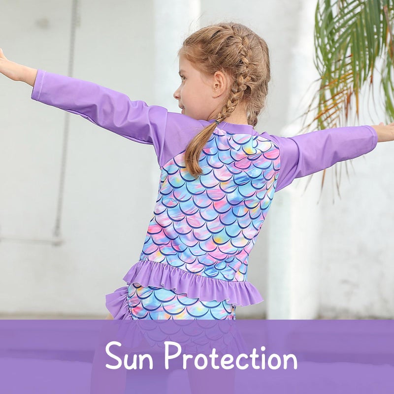 BFUSTYLE Girls Bathing Suit 5-6 Years Mermaid Rash Guard Long Sleeve Bathing Suit Kids 3 Piece Swimwear Size 6 Sun Protection Tankini - Image 5