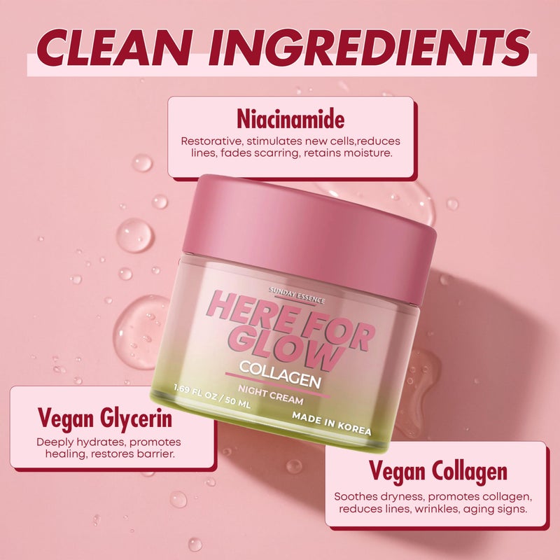 Sunday Essence Collagen Night Cream - Dermatologist Tested, Korean Skin Care, Anti-Aging - Hydrating Moisturizer, Retains Moisture - Vegan, Non- GMO, Clean Beauty, 95% Natural - 1.69 Fl Oz - Image 3
