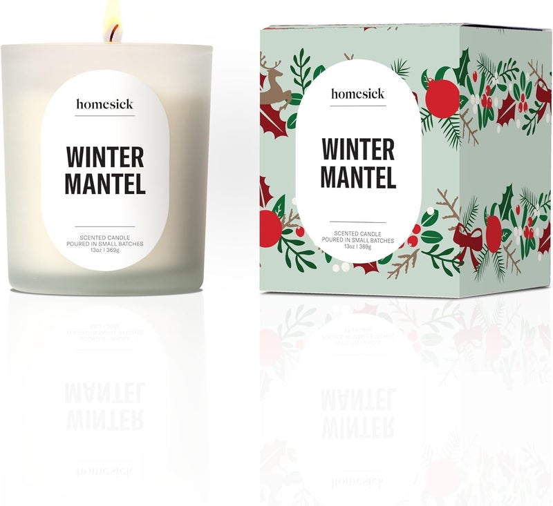 Homesick Winter Mantel Scented Candle – 13.75 oz Premium Non-Toxic Soy Wax in Fraser Fir Spruce Scent, 80 Hour Organic Cotton Wick Jar – Unique Wedding & Engagement Gifts for Couples in Reusable Jar