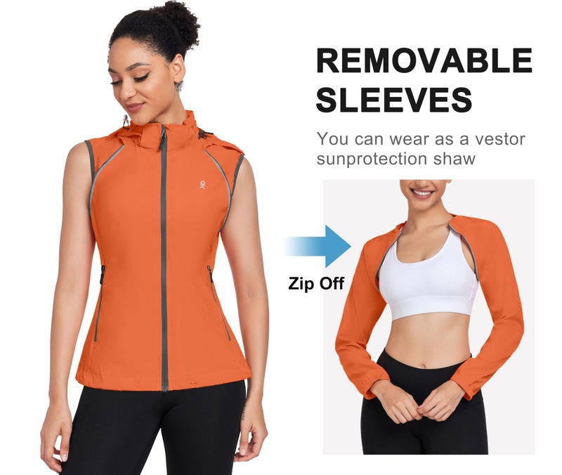 Little Donkey Andy Women's Lightweight Waterproof Cycling Jacket with Removable Sleeves & Hood for Biking Running Golf Orange S - Image 3