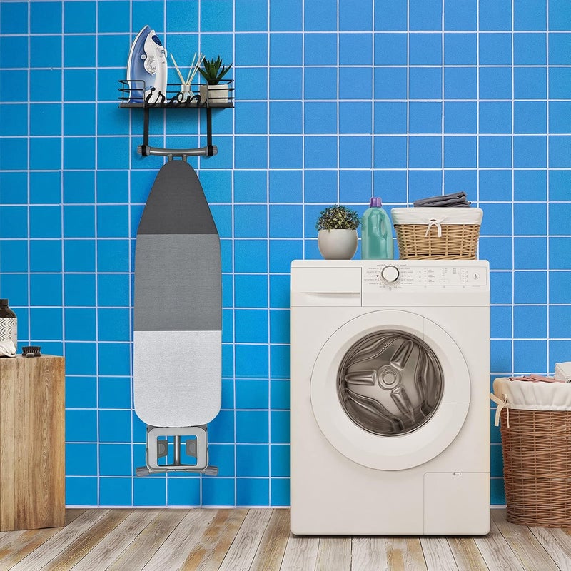 TJMOREE Ironing Board Hanger Wall Mount - Laundry Room Iron and Ironing Board Holder, Metal Wall Mount with Large Storage Black Wooden Base Basket and Removable Hook(Black) - Image 3