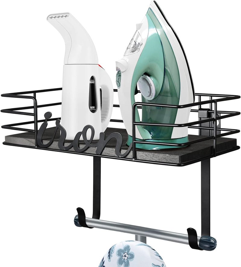 TJMOREE Ironing Board Hanger Wall Mount - Laundry Room Iron and Ironing Board Holder, Metal Wall Mount with Large Storage Black Wooden Base Basket and Removable Hook(Black) - Image 1