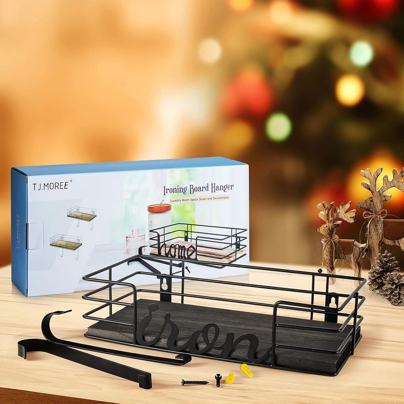 TJMOREE Ironing Board Hanger Wall Mount - Laundry Room Iron and Ironing Board Holder, Metal Wall Mount with Large Storage Black Wooden Base Basket and Removable Hook(Black) - Image 2