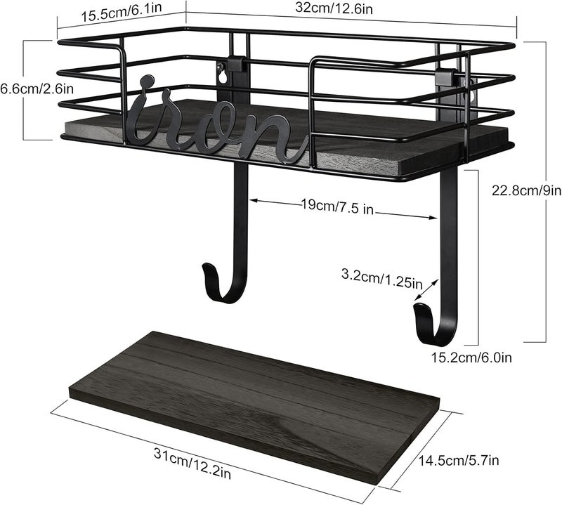 TJMOREE Ironing Board Hanger Wall Mount - Laundry Room Iron and Ironing Board Holder, Metal Wall Mount with Large Storage Black Wooden Base Basket and Removable Hook(Black) - Image 5