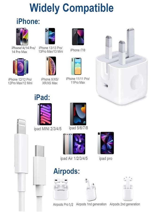 أسبور 20W شاحن سريع PD بمنفذ Type-C مع كابل Type-C إلى Lightning بطول 1 متر، متوافق مع iPhone 12 Pro Max/SE 2020/11/XR/XS/8/7، iPad Air 4/Pro 2020، Samsung Galaxy S21 Ultra/S21 - أبيض  - Image 2