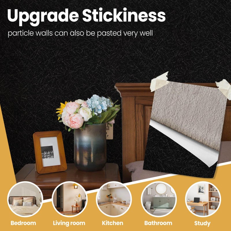 Abyssaly Black Wallpaper Peel and Stick for Particle Wall, Strengthen Stickiness Silk Embossed Black Textured Contact Paper Removable Vinyl Wrap Furniture Renter Friendly Wall Gift Paper 17.7" X 118" - Image 3