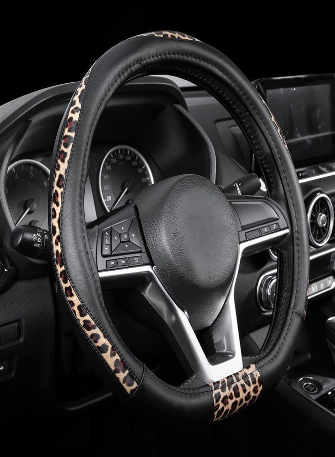 Road Comforts D Type Steering Wheel Cover - Made with PVC Leather and Leopard Fabric - Universal 15 Inch for Most Automotive D-Shaped Steering Wheel (Leopard Pattern) - Image 1