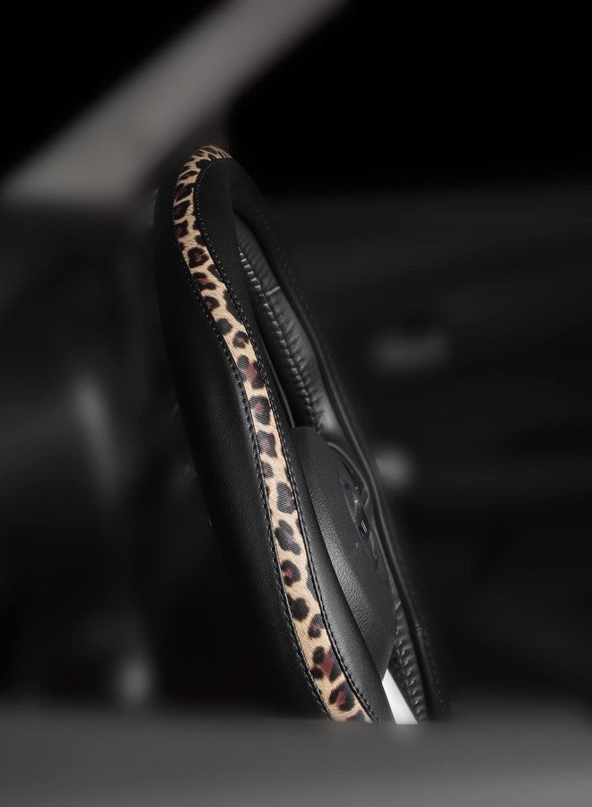 Road Comforts D Type Steering Wheel Cover - Made with PVC Leather and Leopard Fabric - Universal 15 Inch for Most Automotive D-Shaped Steering Wheel (Leopard Pattern) - Image 3