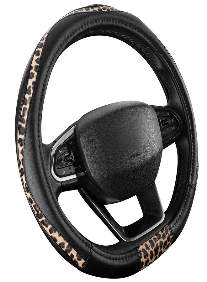 Road Comforts D Type Steering Wheel Cover - Made with PVC Leather and Leopard Fabric - Universal 15 Inch for Most Automotive D-Shaped Steering Wheel (Leopard Pattern) - Image 2