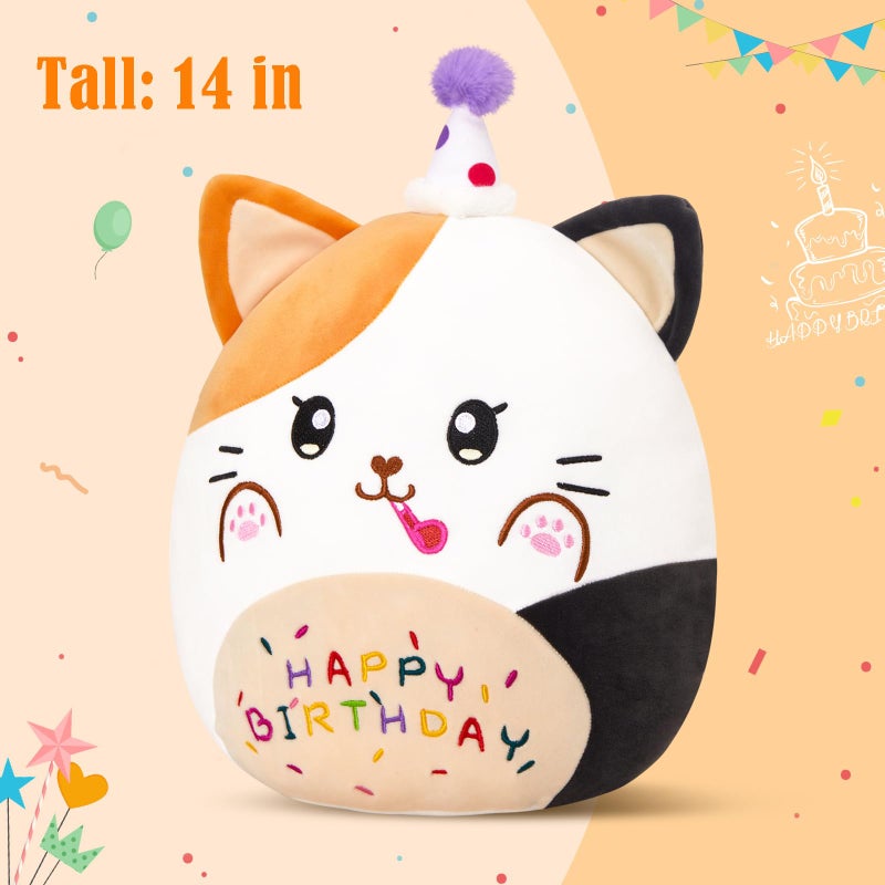 CozyWorld 12  Birthday Cat Plush Pillow Cute Cat Birthday Stuffed Animal Kawaii Cat Plushie Cat Happy Birthday Pillow Soft Cat Plush Toy Decor Birthday Gift for Kids Toddlers Girls Boys (Calico Cat) - Image 2