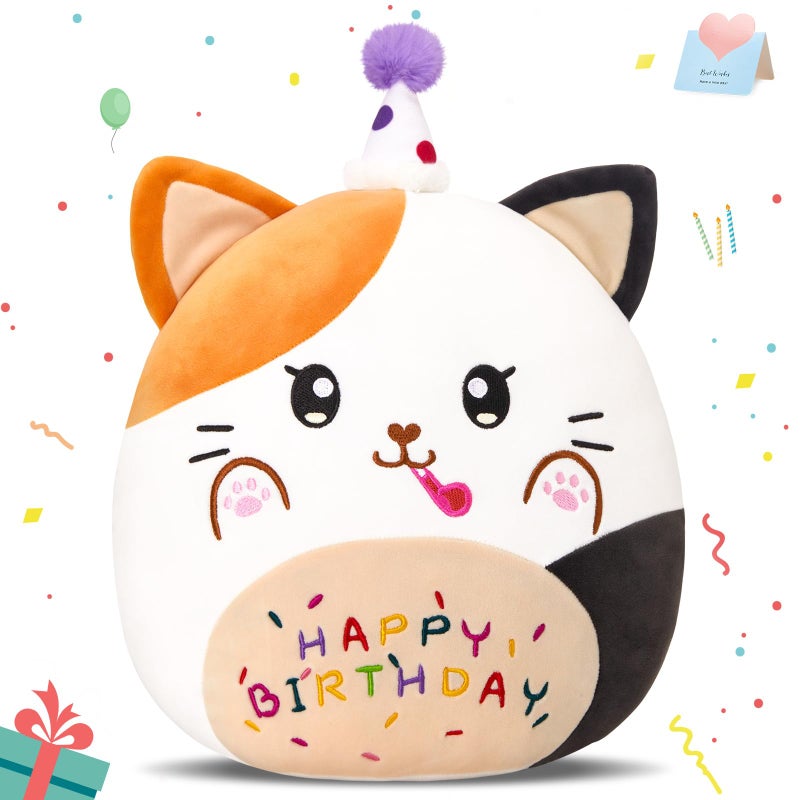 CozyWorld 12  Birthday Cat Plush Pillow Cute Cat Birthday Stuffed Animal Kawaii Cat Plushie Cat Happy Birthday Pillow Soft Cat Plush Toy Decor Birthday Gift for Kids Toddlers Girls Boys (Calico Cat) - Image 1