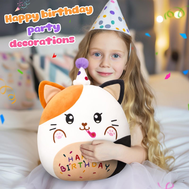 CozyWorld 12  Birthday Cat Plush Pillow Cute Cat Birthday Stuffed Animal Kawaii Cat Plushie Cat Happy Birthday Pillow Soft Cat Plush Toy Decor Birthday Gift for Kids Toddlers Girls Boys (Calico Cat) - Image 4