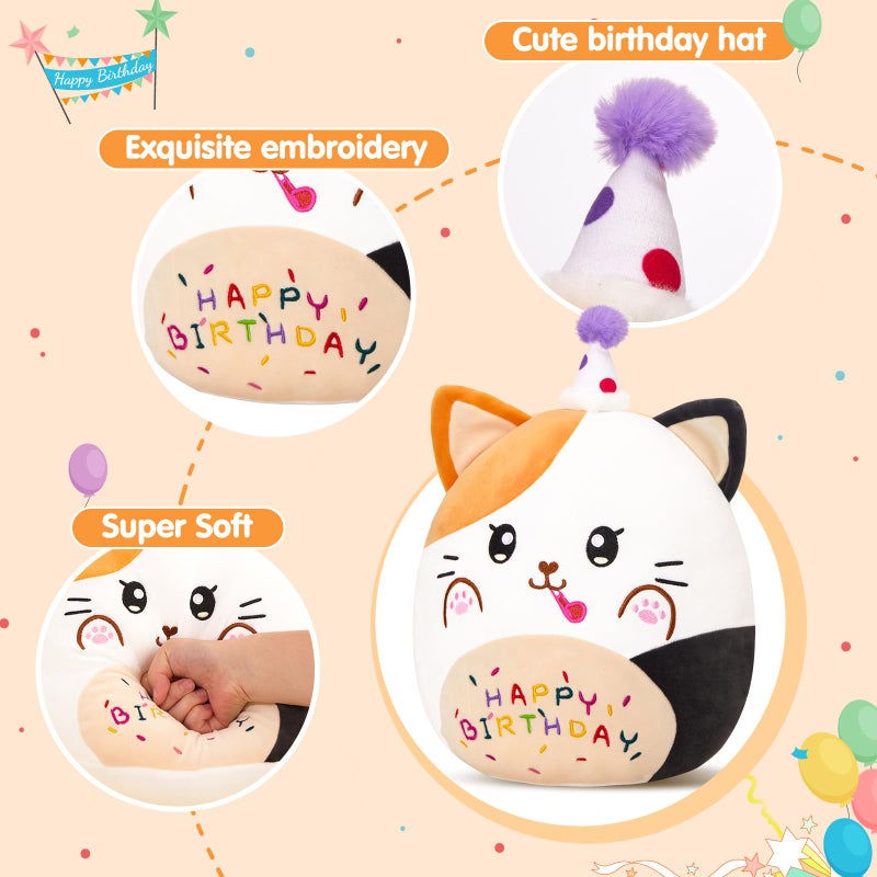 CozyWorld 12  Birthday Cat Plush Pillow Cute Cat Birthday Stuffed Animal Kawaii Cat Plushie Cat Happy Birthday Pillow Soft Cat Plush Toy Decor Birthday Gift for Kids Toddlers Girls Boys (Calico Cat) - Image 3