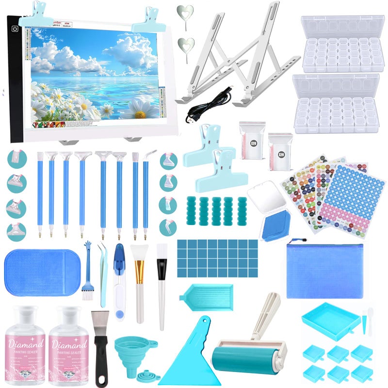 DNSGOOR 186Pcs All Inclusive Diamond Art Accessories Kit Diamond Painting A4 LED Light Pad Set with Diamond Art Sealer Glue Stand Storage Case Pens 5D Painting Tools for DIY Drill Craft - Image 1