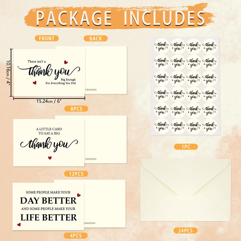GRADESIN 24 Pack Thank You Cards Bulk with Envelopes & Stickers, 4Ã—6 Inches Day Better Appreciation Cards Notes for Teacherï¼ŒCoworker, 3 Designs - Image 4