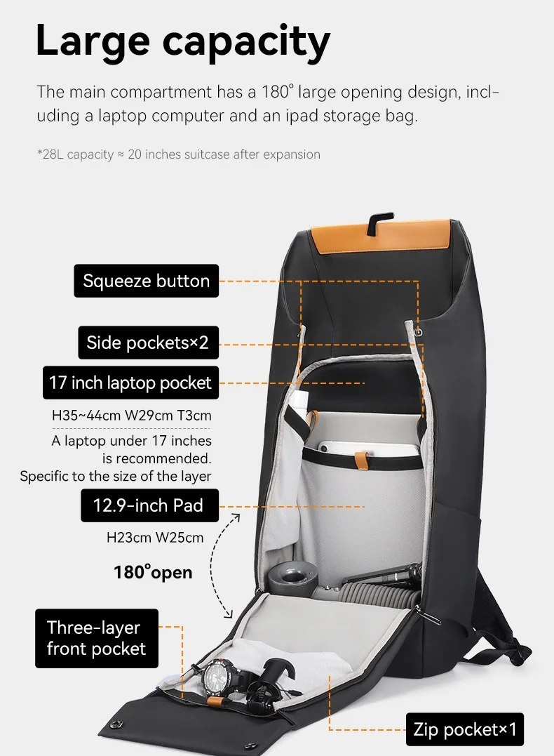MARK RYDEN MARK RYDEN 2975 Five Types Capacity Adjustment,with Top Flap,YKK Zip Casual Travel Business Backpack, Hydrophobic Fabric, Suitable for 17 Inch Laptop