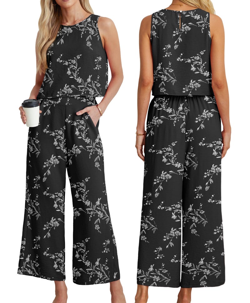 IWOLLENCE Women's Summer 2 Piece Outfits Set Round neck Sleeveless Tank Crop Top Wide Leg pants Set Pockets Jumpsuits Black White Carving M - Image 3