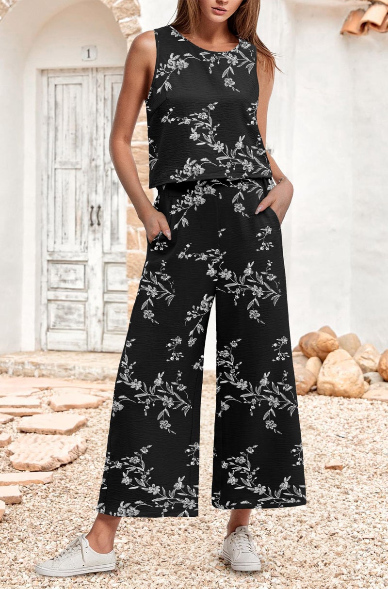 IWOLLENCE Women's Summer 2 Piece Outfits Set Round neck Sleeveless Tank Crop Top Wide Leg pants Set Pockets Jumpsuits Black White Carving M - Image 1