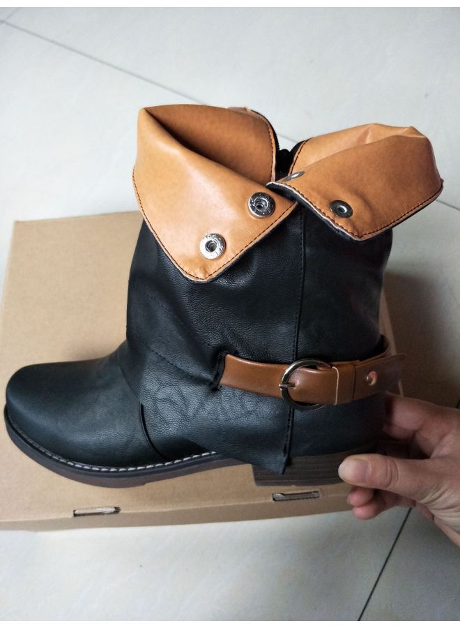 40-47 Large Size Shoes Women's Boots Turn-up Women's Shoes Belt Buckle Side Zipper Low Boots Now