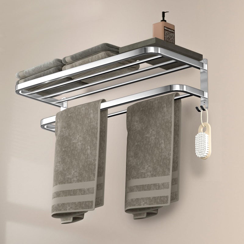 DDS-DUDES Bathroom Towel Rack Towel Shelf Rail with Double Towel Bars Lavatory Wall Mounted Holder with Hooks Stainless Steel Hotel Bath Rack 24 inches - Image 1