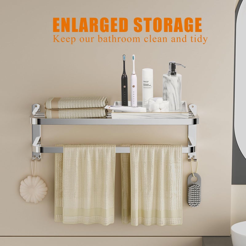 DDS-DUDES Bathroom Towel Rack Towel Shelf Rail with Double Towel Bars Lavatory Wall Mounted Holder with Hooks Stainless Steel Hotel Bath Rack 24 inches - Image 4