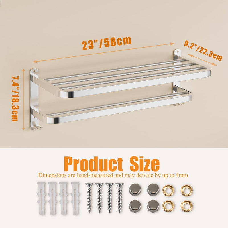 DDS-DUDES Bathroom Towel Rack Towel Shelf Rail with Double Towel Bars Lavatory Wall Mounted Holder with Hooks Stainless Steel Hotel Bath Rack 24 inches - Image 2
