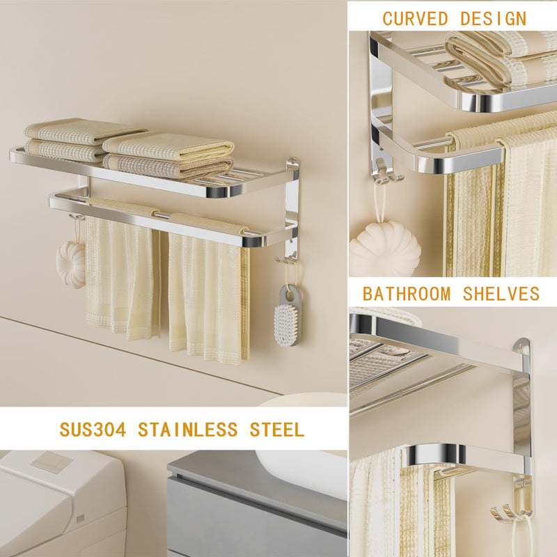 DDS-DUDES Bathroom Towel Rack Towel Shelf Rail with Double Towel Bars Lavatory Wall Mounted Holder with Hooks Stainless Steel Hotel Bath Rack 24 inches - Image 3
