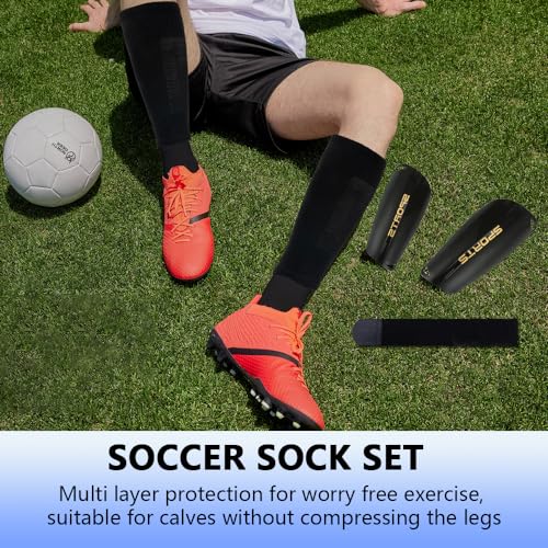 Ukontagood 2 Pairs Mens Grip Soccer Socks, 2 Pairs Shin Sleeves with 1 Pack Shin Guards and 4 Straps, Soccer Football Game Set 9 Pcs (Black) - Image 2