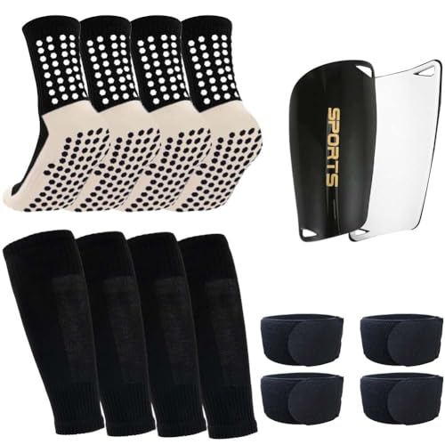 Ukontagood 2 Pairs Mens Grip Soccer Socks, 2 Pairs Shin Sleeves with 1 Pack Shin Guards and 4 Straps, Soccer Football Game Set 9 Pcs (Black) - Image 1